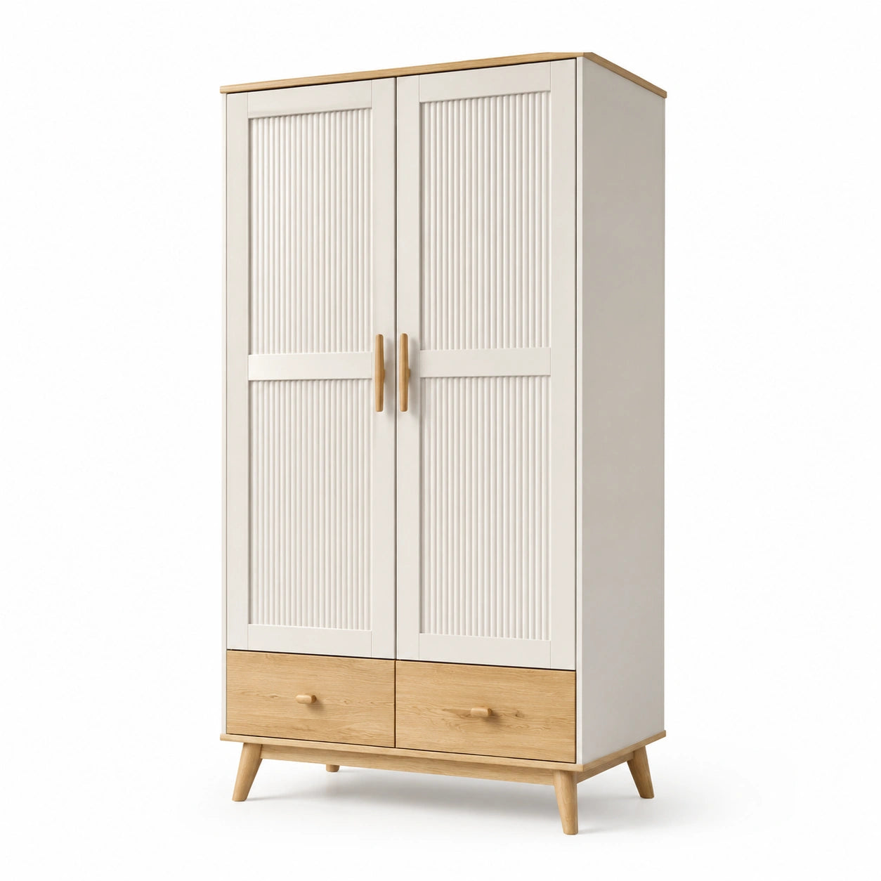 Armoire en bois MDF blanc et chêne clair avec portes en relief et deux tiroirs