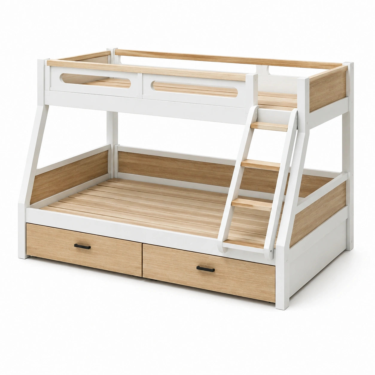 Lit superposé en bois de pin et métal avec tiroirs blancs et bois