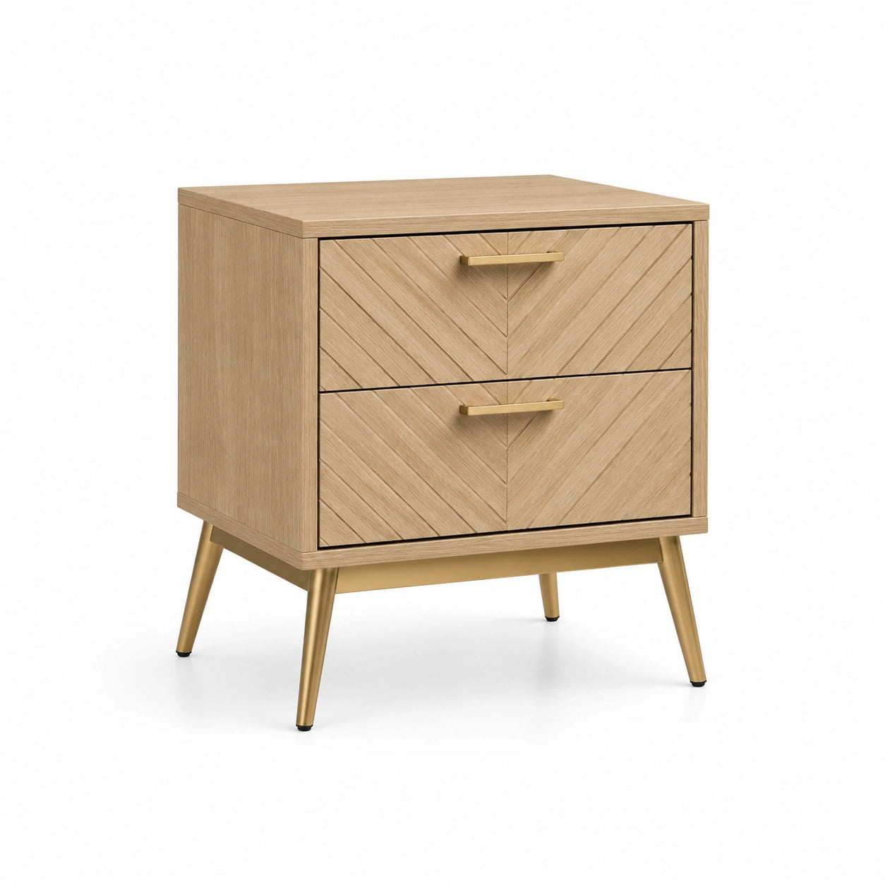 Table de chevet en bois clair avec pieds en métal et 2 tiroirs