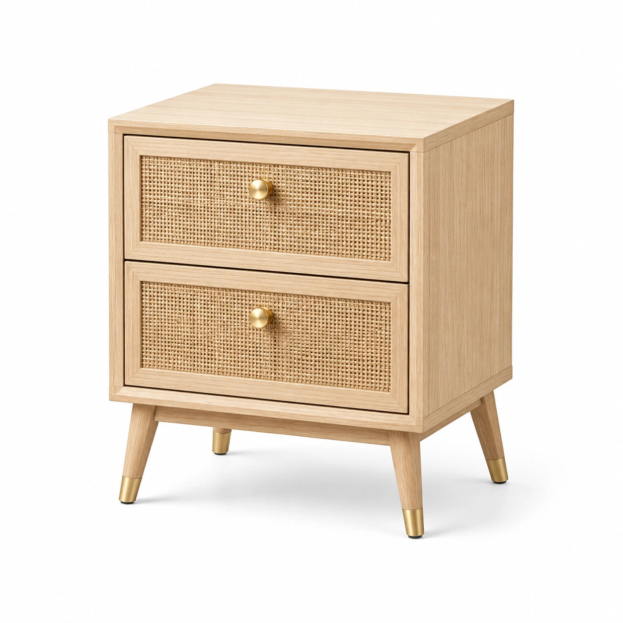 Table de chevet en bois et rotin avec pieds en laiton