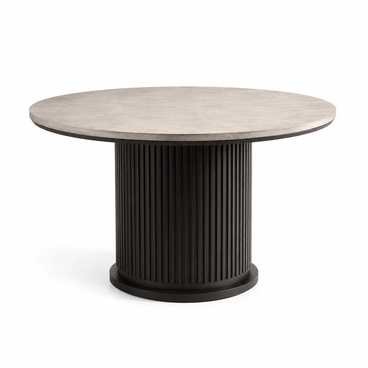 Table ronde en métal noire avec plateau en composite effet pierre, diamètre 120 cm