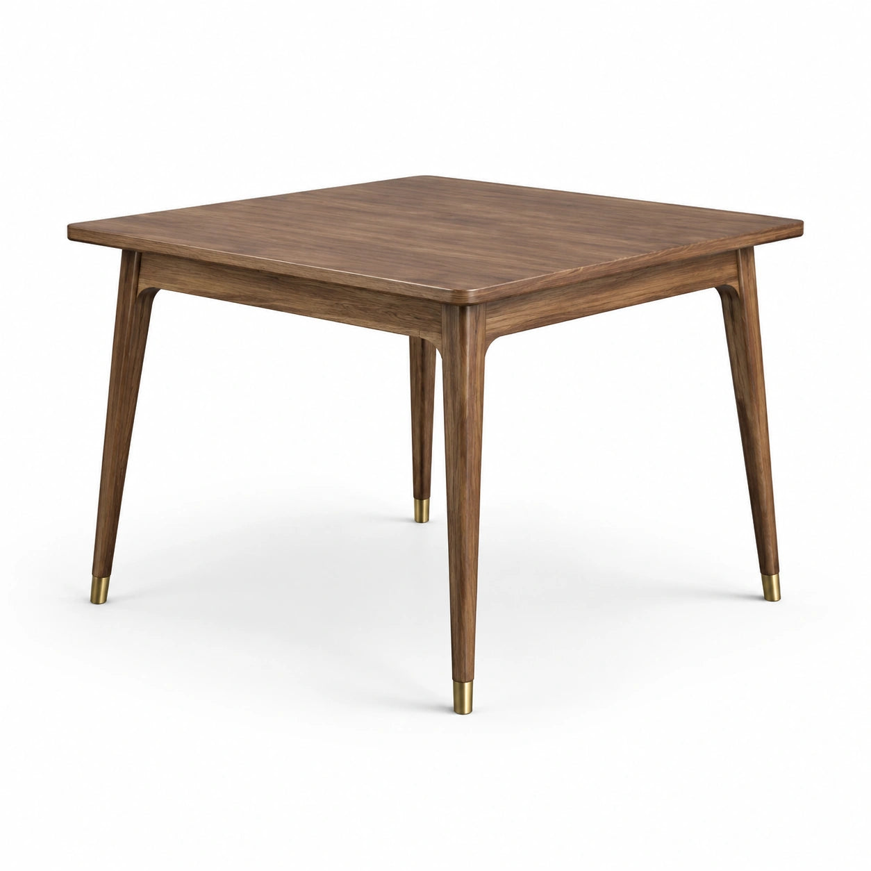 Table carrée en bois de noyer avec pieds en laiton