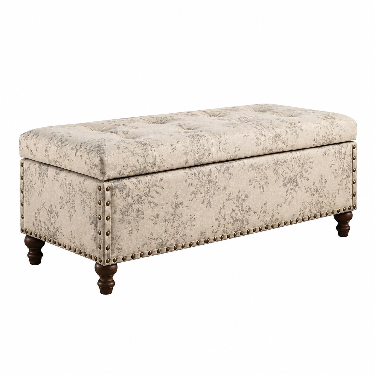 Banc de rangement en bois et tissu polyester motif floral beige