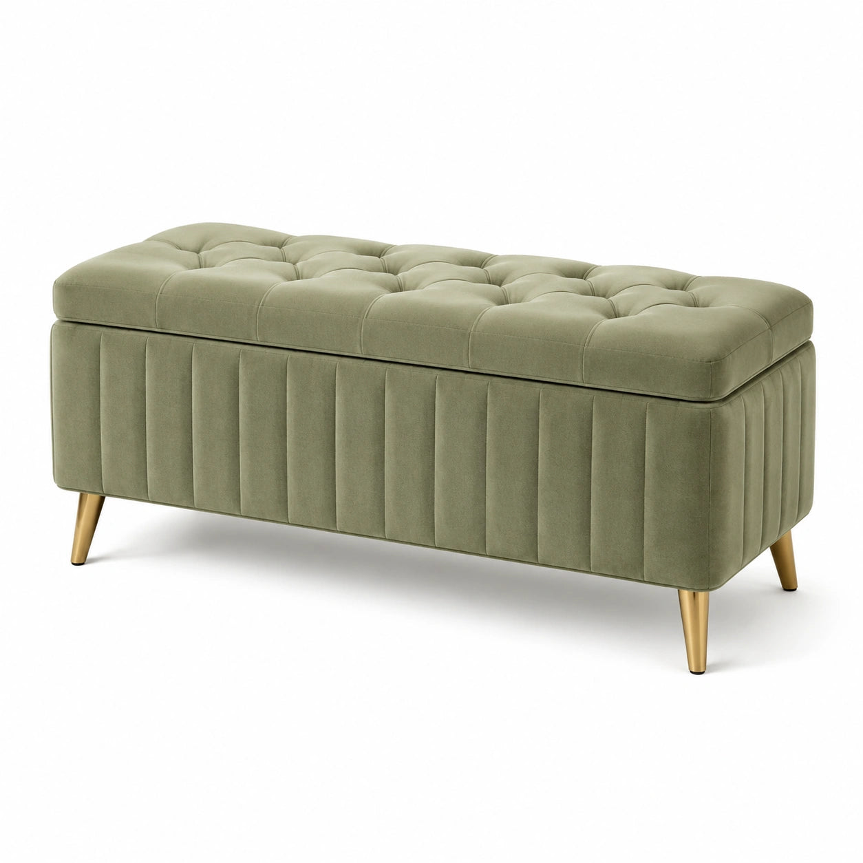 Banc de rangement en velours avec pieds en métal, vert