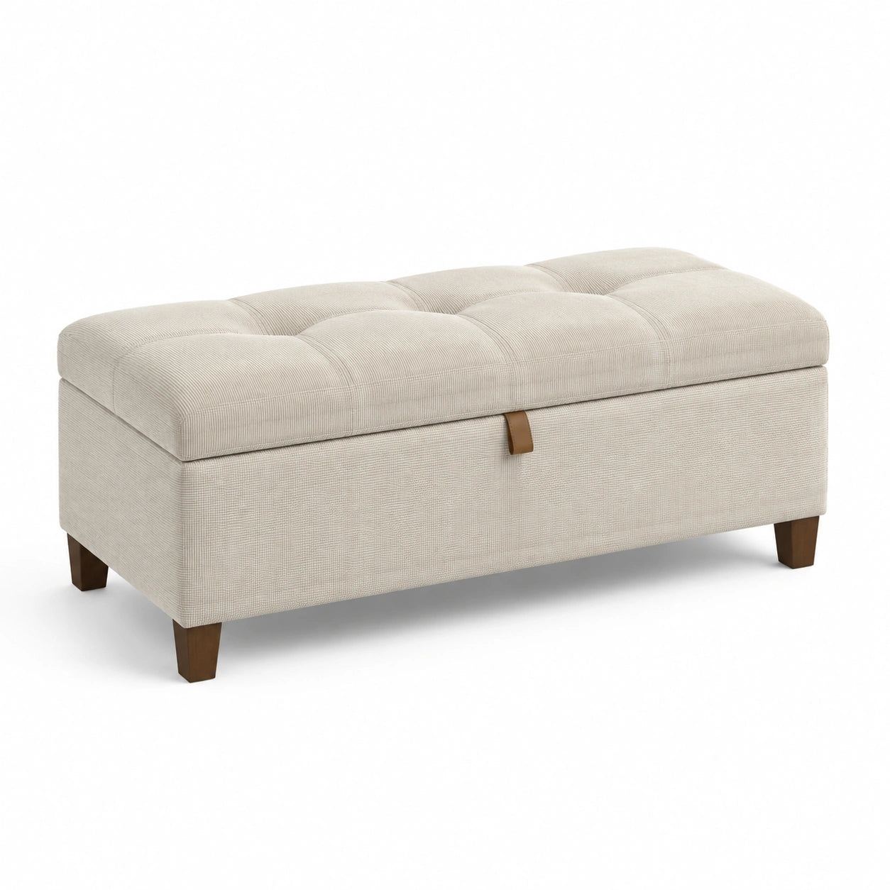 Banc de rangement en tissu beige avec pieds en bois