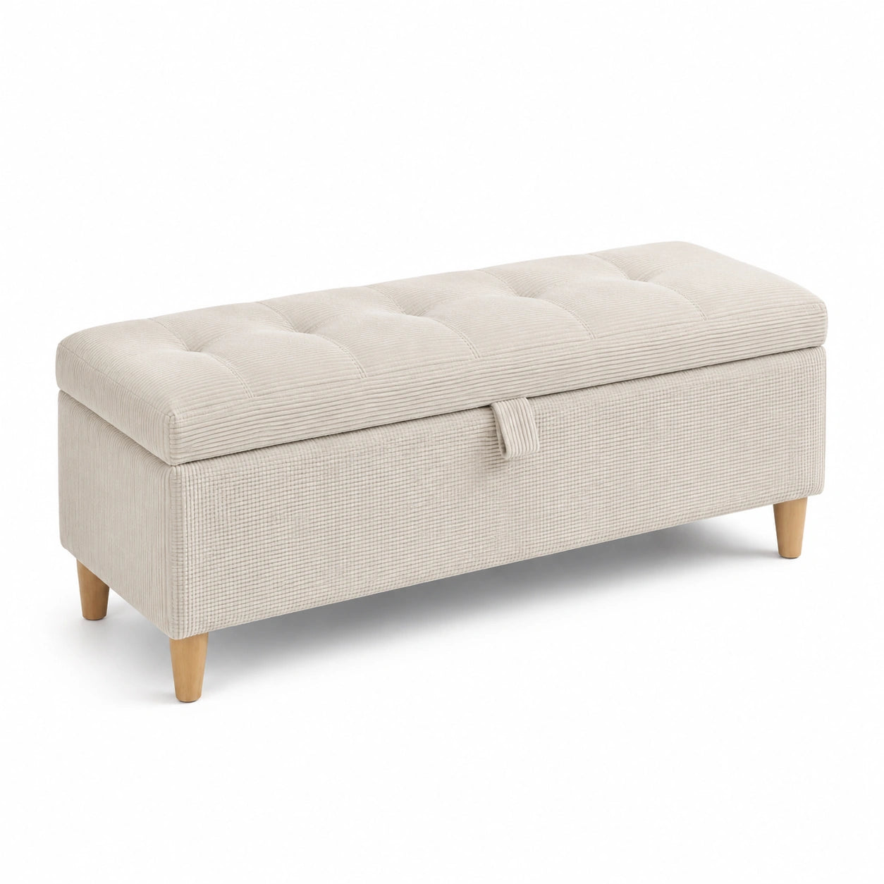 Banc de rangement en bois et velours côtelé beige 120 cm