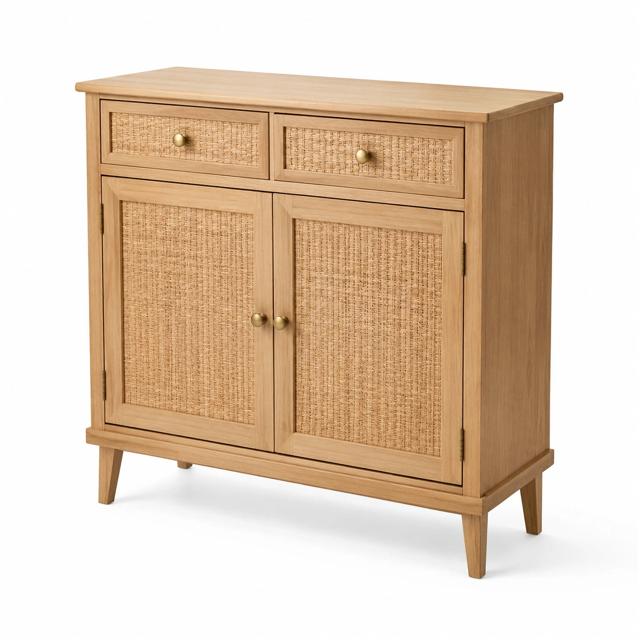 Buffet en bois et rotin avec 2 tiroirs et 2 portes chêne clair