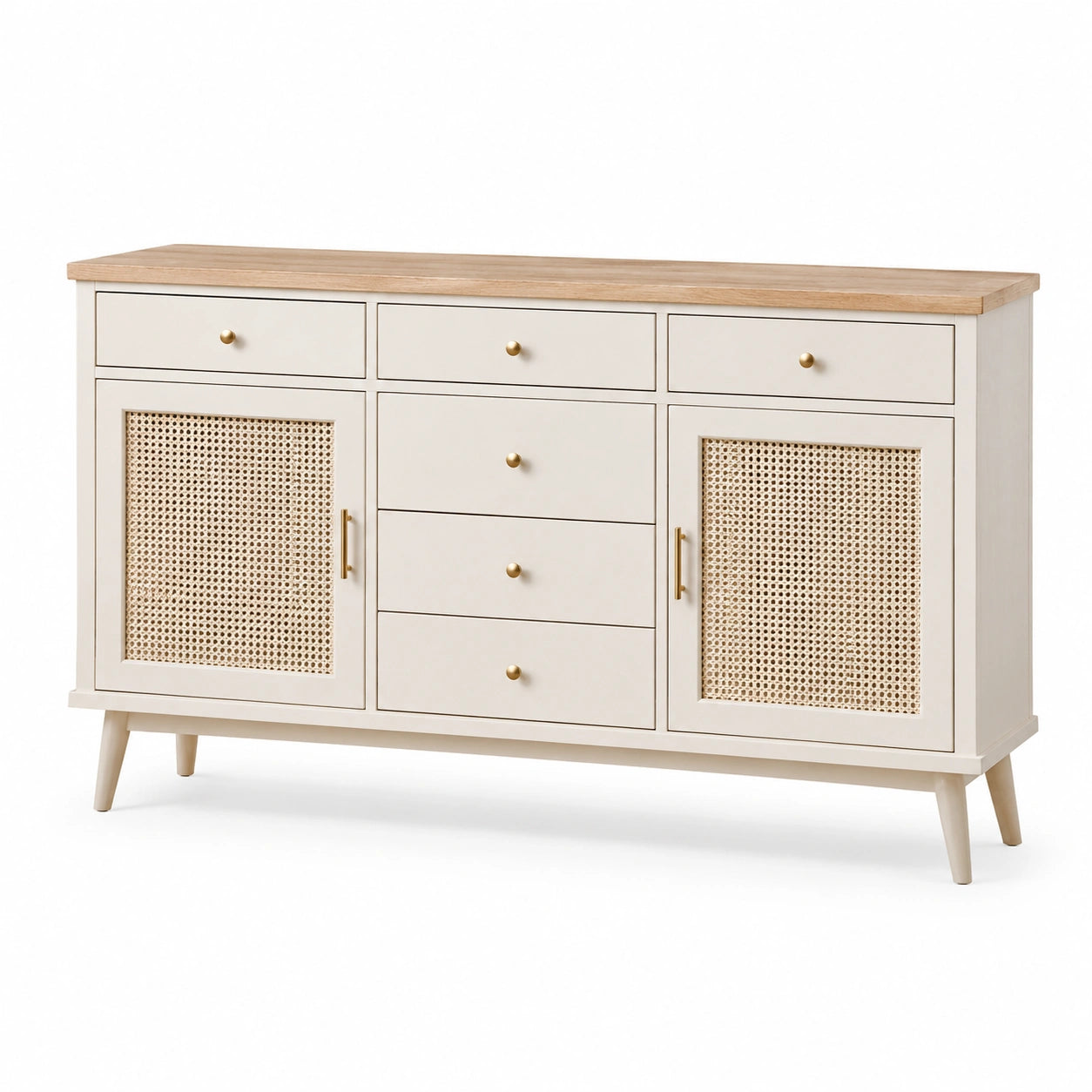 Buffet en bois et rotin blanc avec plateau en chêne 145 cm