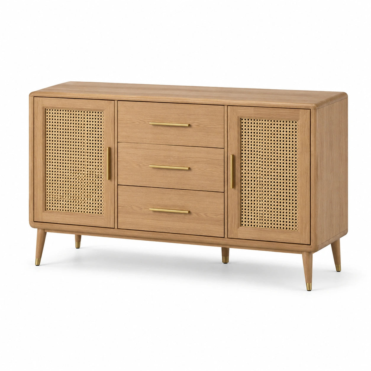 Buffet en bois de chêne avec portes en cannage et 3 tiroirs