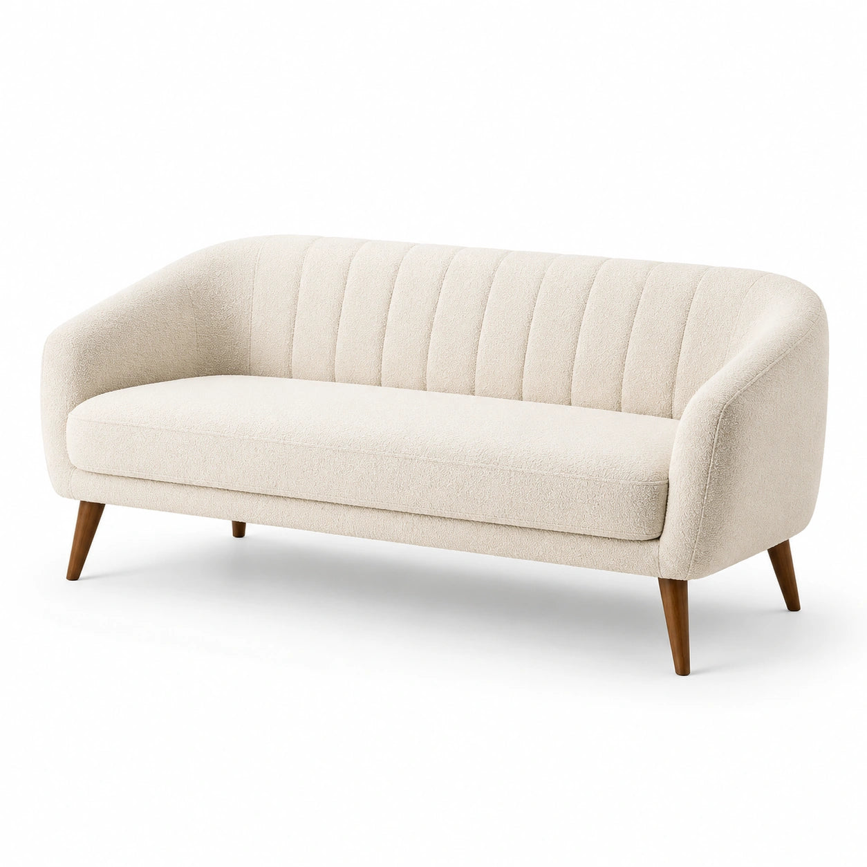 Canapé 3 places en tissu bouclé beige avec pieds en bois