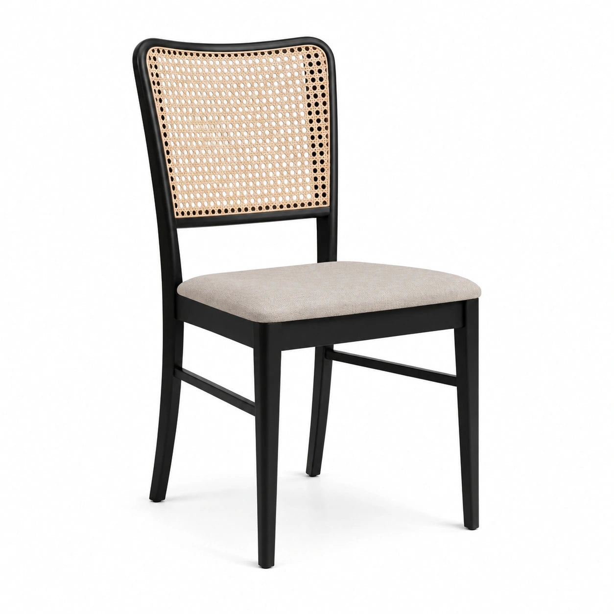 Chaise en bois noir avec dossier en rotin et assise rembourrée beige