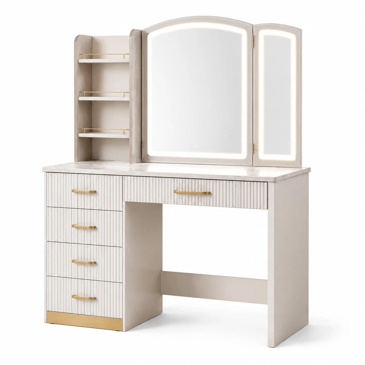 Coiffeuse en bois avec miroir LED et rangement beige/doré