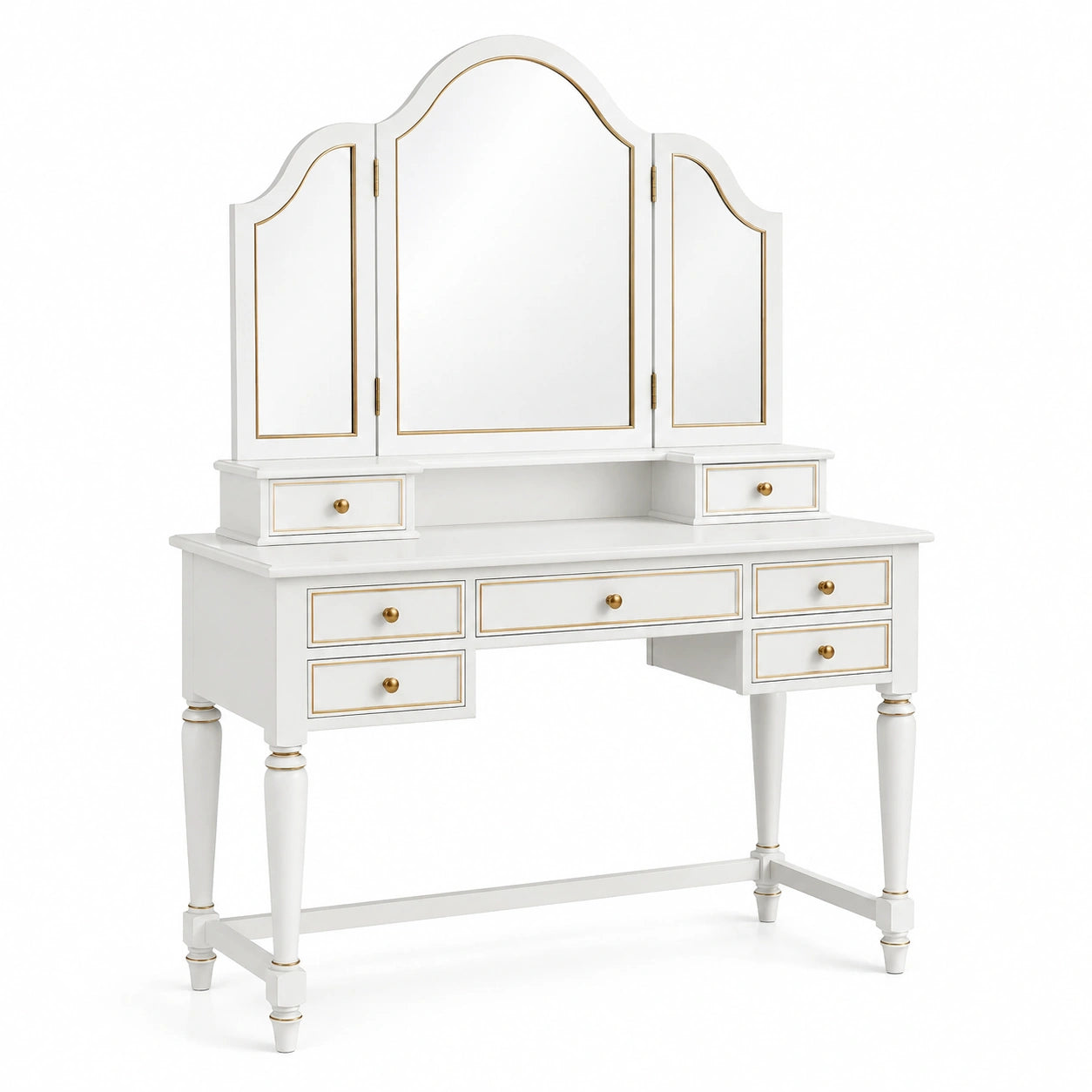 Coiffeuse en bois blanc avec miroirs triples et tiroirs dorés
