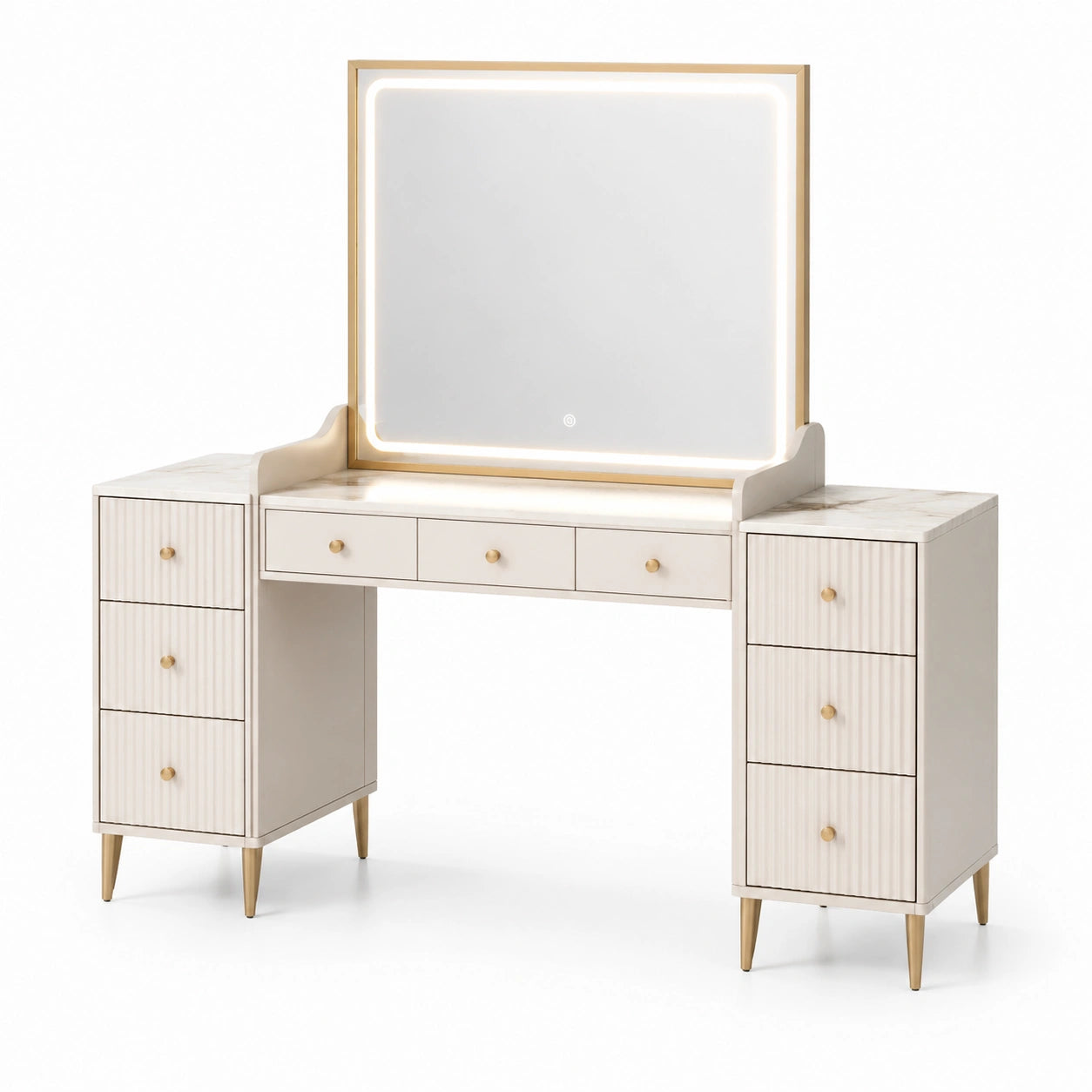 Coiffeuse blanche en bois MDF et métal avec miroir LED intégré