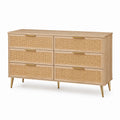 Commode en bois et rotin 6 tiroirs beige avec pieds dorés 120x40x80cm