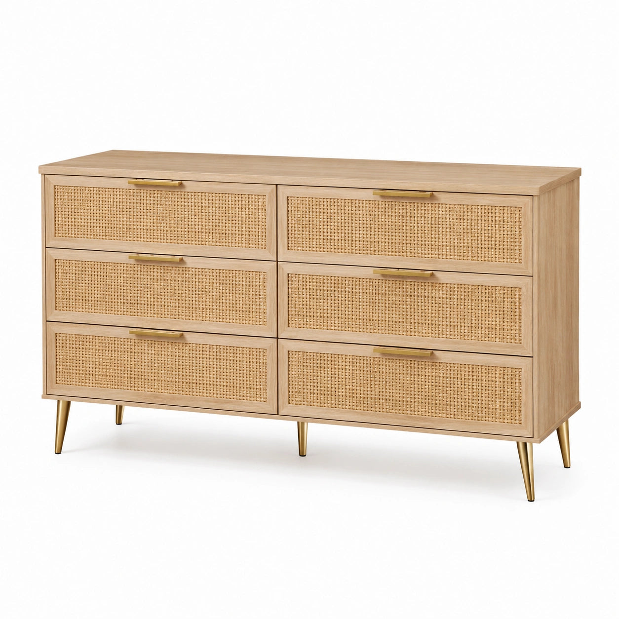Commode en bois et rotin 6 tiroirs beige avec pieds dorés 120x40x80cm