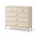 Commode 5 tiroirs en bois MDF beige avec poignées en métal doré