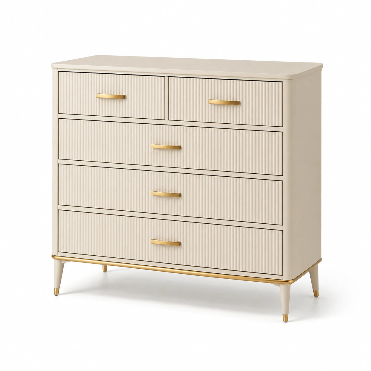 Commode 5 tiroirs en bois MDF beige avec poignées en métal doré