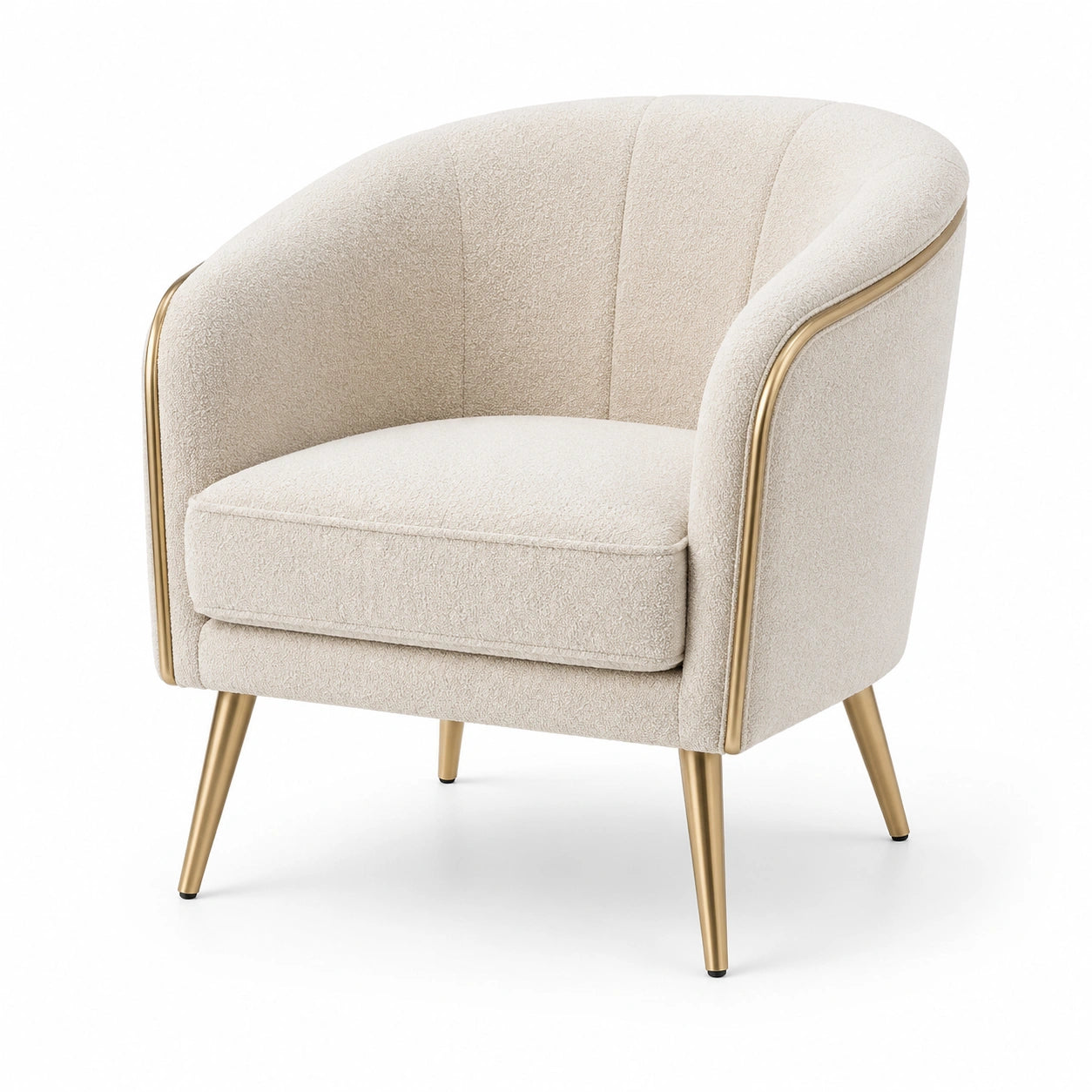 Fauteuil arrondi beige en tissu bouclé avec pieds en métal doré