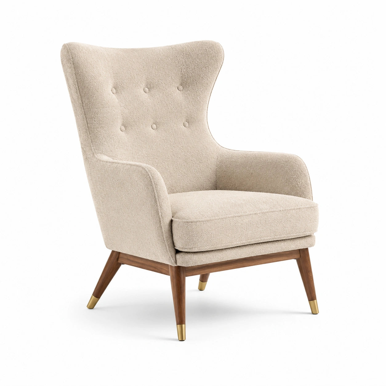 Fauteuil en tissu bouclé beige avec pieds en bois et laiton