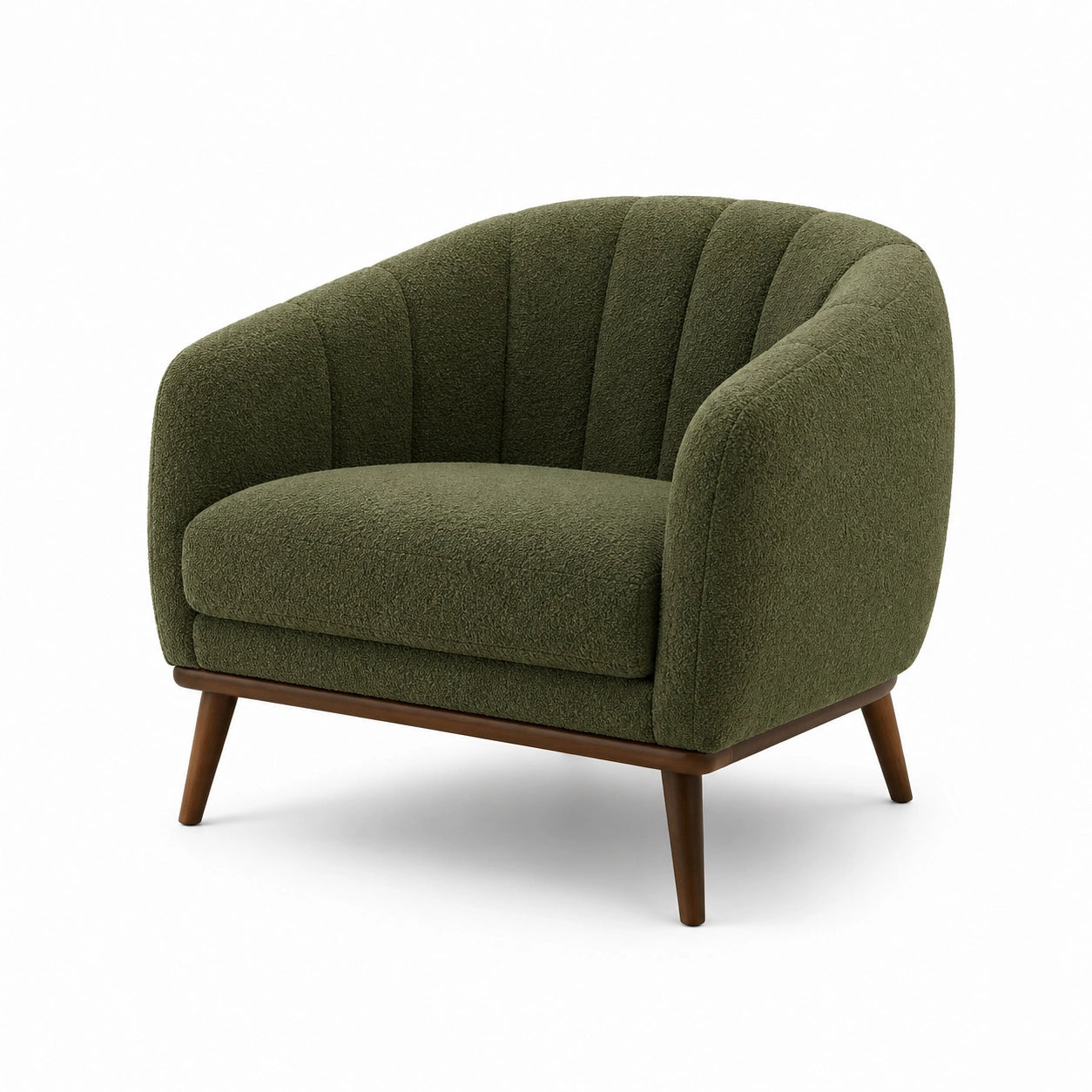 Fauteuil en tissu bouclé vert avec pieds en bois