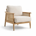 Fauteuil en bois et rotin avec coussins en lin beige