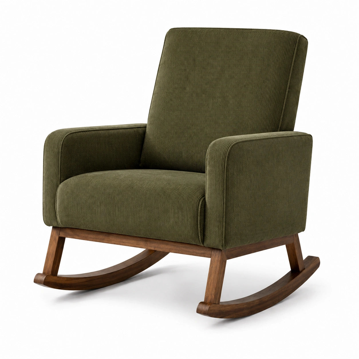 Fauteuil à bascule en bois et tissu côtelé vert olive