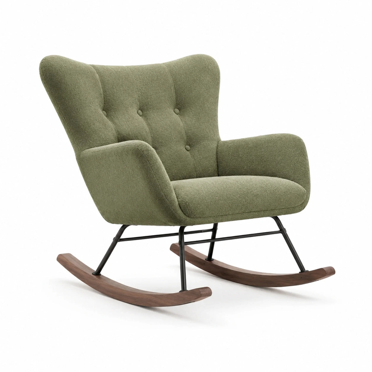 Fauteuil à bascule vert en tissu avec pieds en métal et bois