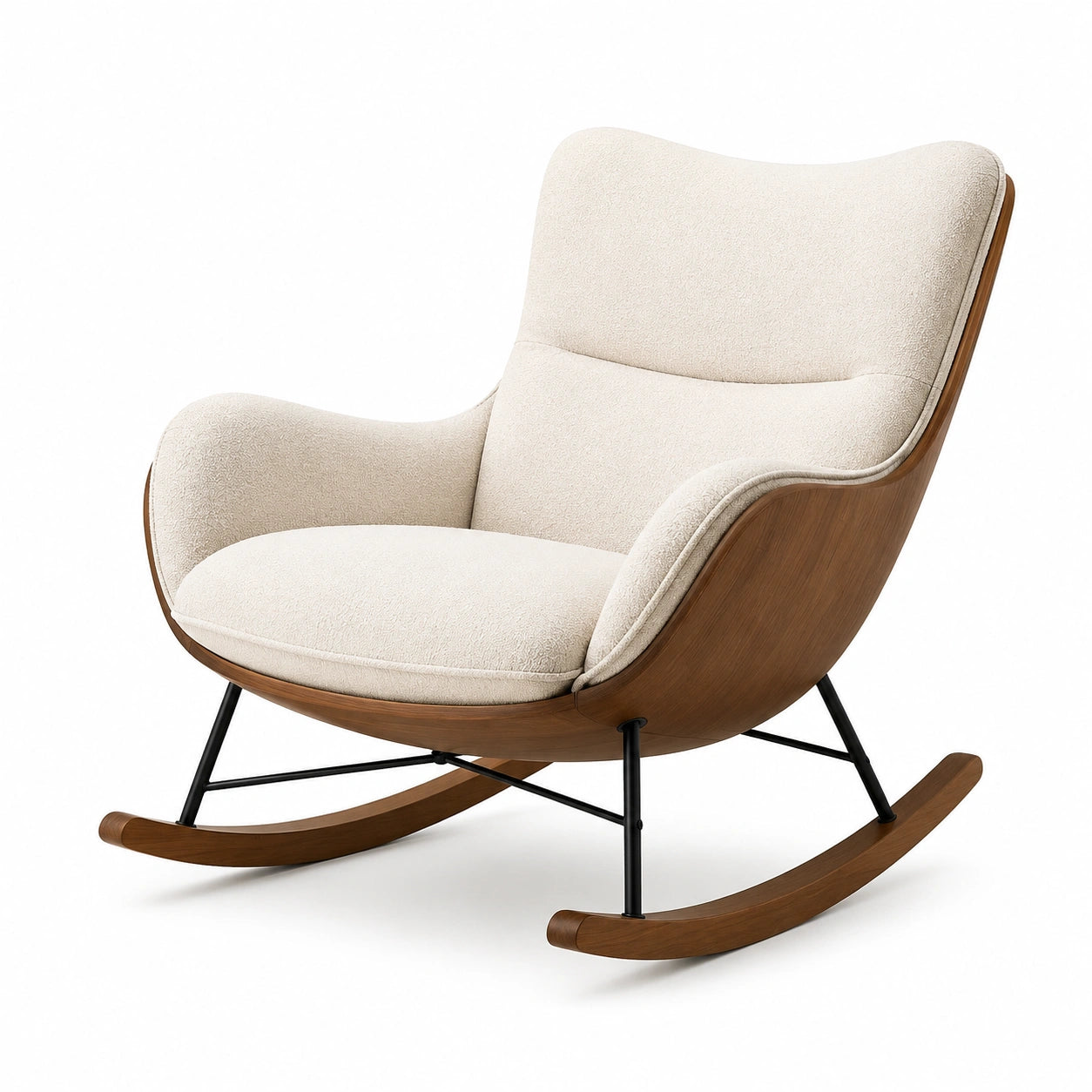 Fauteuil à bascule en bois et métal avec revêtement en polyester beige