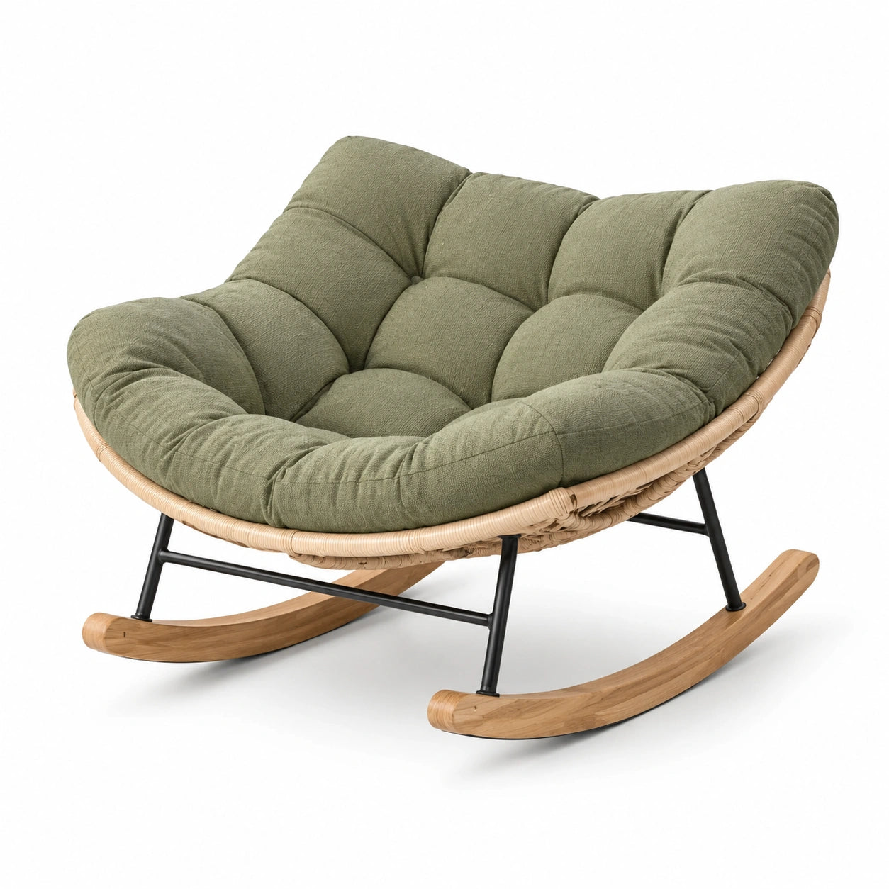 Fauteuil à bascule en rotin, bois et métal avec coussin vert