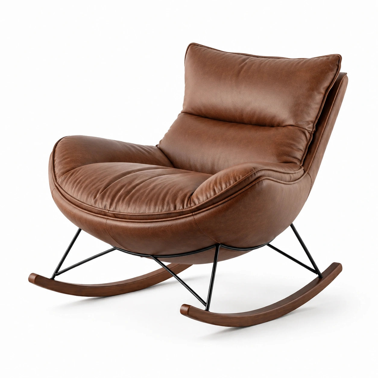 Fauteuil à bascule en cuir avec cadre en acier et pieds en bois